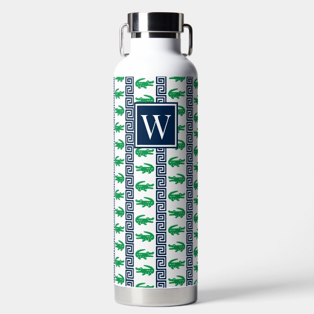 Botella De Agua Preppy Alligator Greek Key Stripe – Green & Navy   (Delantero)