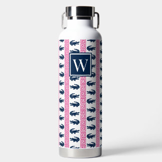 Botella De Agua Preppy Alligator Greek Key Stripe – Pink & Navy