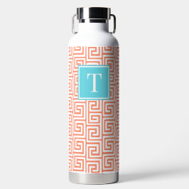 Botella De Agua Preppy Greek Key Monogram - Coral & Turquoise
