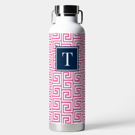 Botella De Agua Preppy Greek Key Monogram - Hot Pink & Navy