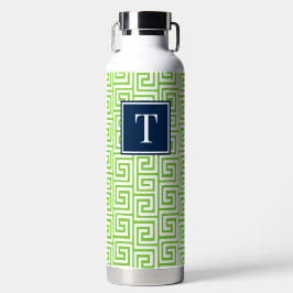 Botella De Agua Preppy Greek Key Monogram - Lime Green & Navy