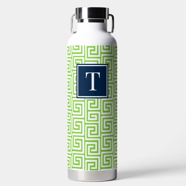 Botella De Agua Preppy Greek Key Monogram - Lime Green & Navy (Delantero)