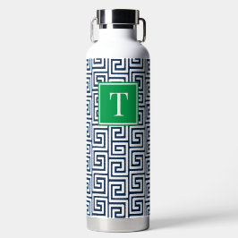 Botella De Agua Preppy Greek Key Monogram - Navy & Green