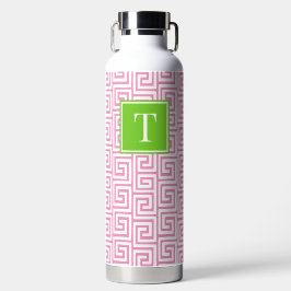 Botella De Agua Preppy Greek Key Monogram - Pink & Lime Green