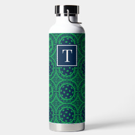 Botella De Agua Preppy Pickleball Damask - Azul Marino y Verde Din