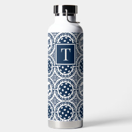 Botella De Agua Preppy Pickleball Damask - Navy Dink Motif