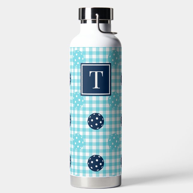 Botella De Agua Preppy Pickleball Gingham - Azul Marino y Turquesa (Izquierda)