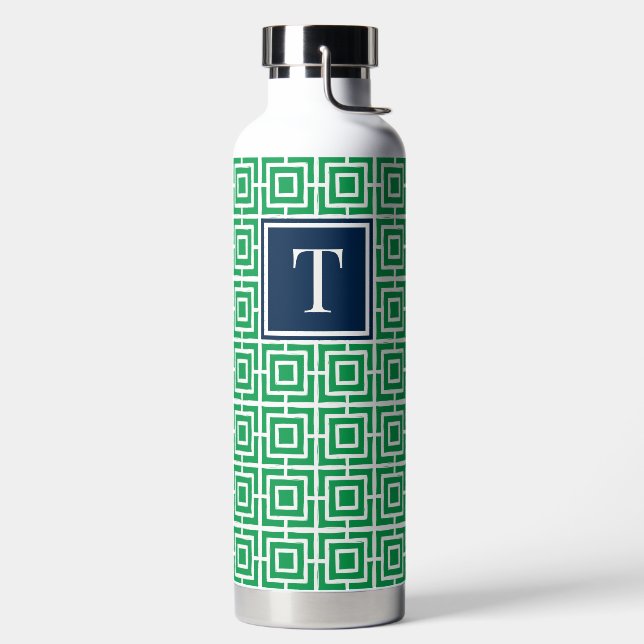Botella De Agua Preppy Square Lattice Monogram - Green & Navy (Izquierda)