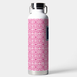 Botella De Agua Preppy Square Lattice Monogram Hot Pink & Navy