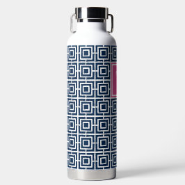Botella De Agua Preppy Square Lattice Monogram – Navy & Hot Pink