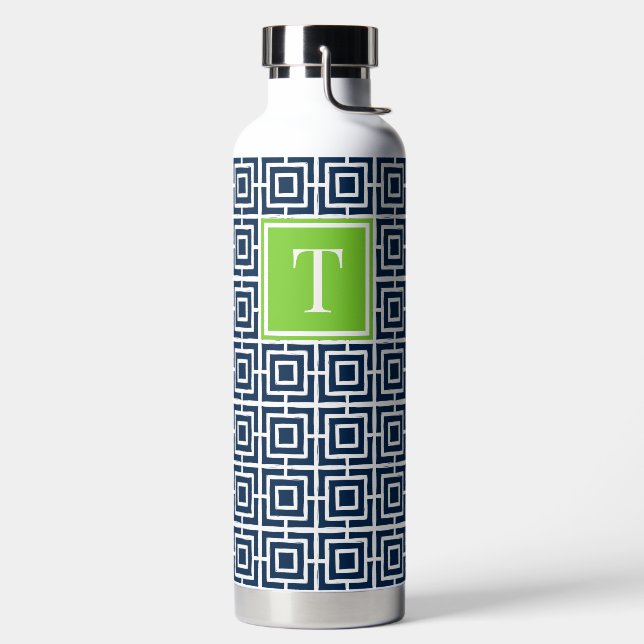Botella De Agua Preppy Square Lattice Monogram – Navy & Lime (Izquierda)