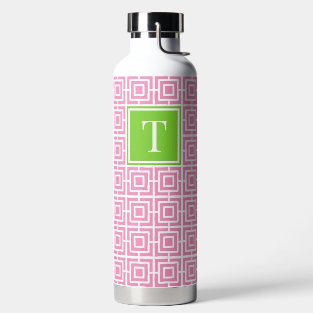 Botella De Agua Preppy Square Lattice Monogram – Pink & Lime (Izquierda)