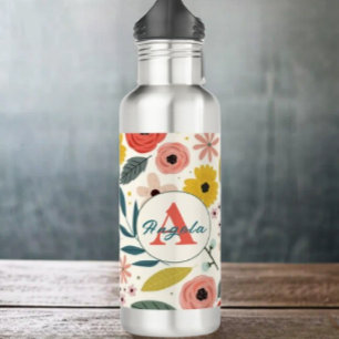 Botella De Agua Pretty Blush Pink Floral Botanical Monogram 