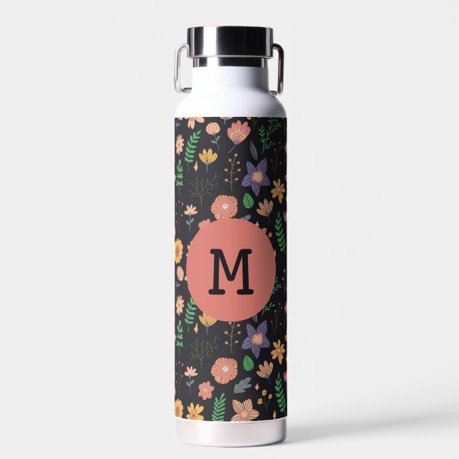 Botella De Agua Pretty Modern Dark Floral Pattern Monogram (Delantero)