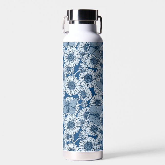 Botella De Agua Primavera azul, flores silvestres, margaritas (Delantero)