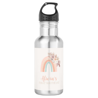 Botella De Agua Primer cumpleaños de la acuarela arcoiris Boho