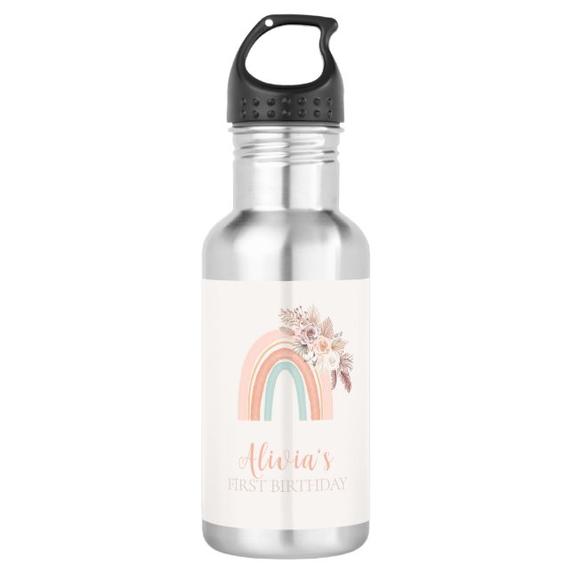 Botella De Agua Primer cumpleaños de la acuarela arcoiris Boho (Anverso)
