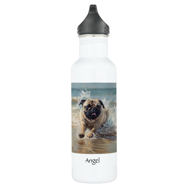 Botella De Agua Pug feliz en el personalizable de la playa (Derecha)