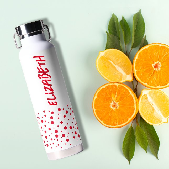 Botella De Agua Puntos modernos de polka rojo y blanco (Red dots on white water bottle personalized with your name)