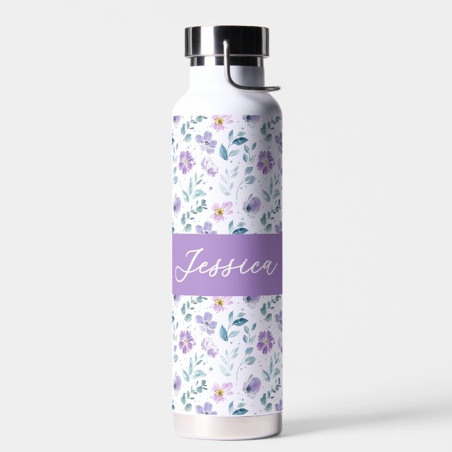Botella De Agua Purple Green Watercolor Wildflower Monogram Name (Izquierdo)
