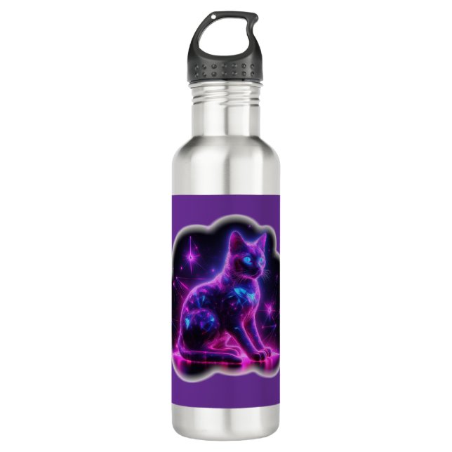 Botella De Agua Purple Neon Siamese Cat With Blue Eyes & Starburst (Anverso)