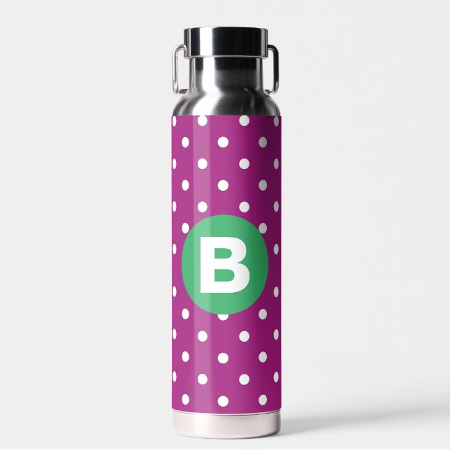 Botella De Agua Purple Polka Dot Pattern Green Monogram (Delantero)