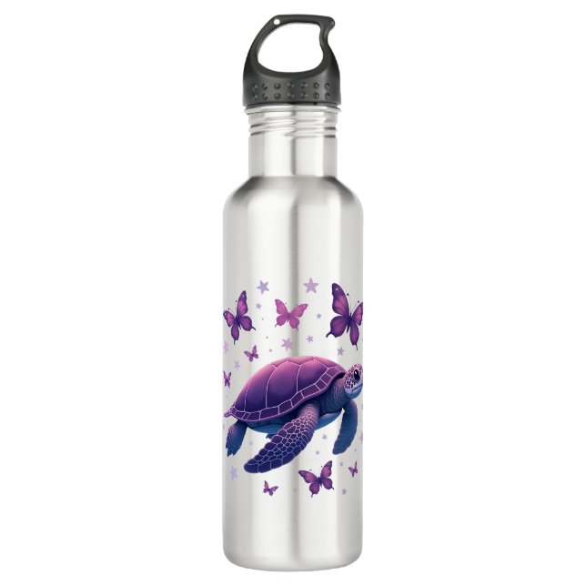 Botella De Agua Púrpura - Camiseta mariposa de tortuga marina (Anverso)