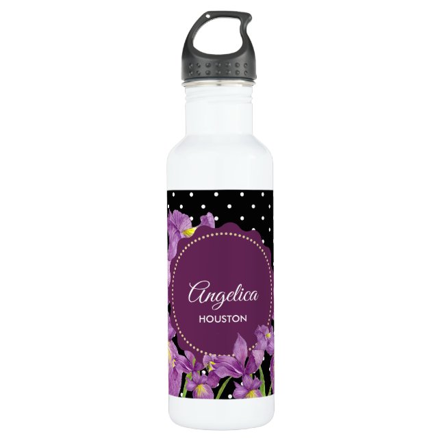 Botella De Agua Púrpura Iris Black White Polka Dots (Anverso)