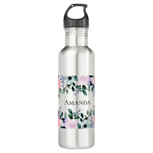 Botella De Agua Púrpura rosa y acuarela floral verde (Anverso)