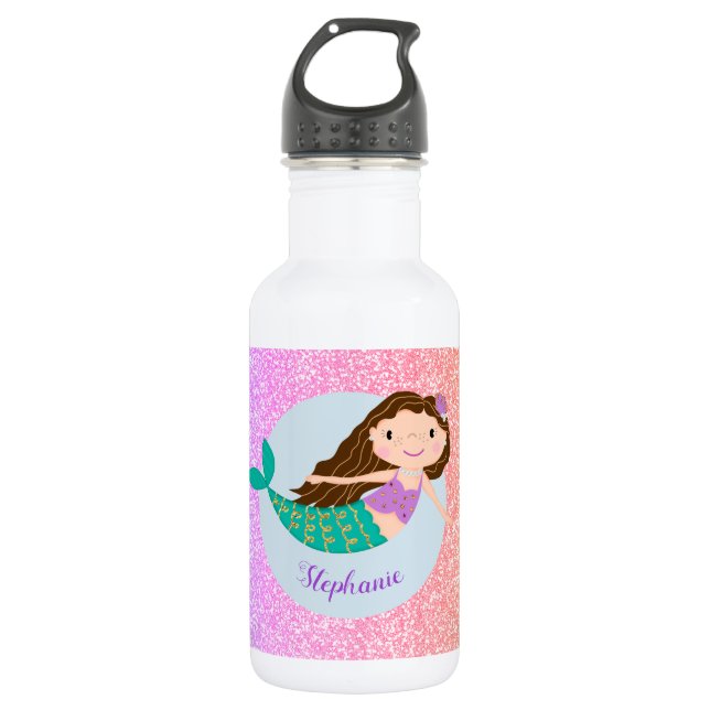 Botella De Agua Purpurina de arcoiris con sirena suave personaliza (Anverso)
