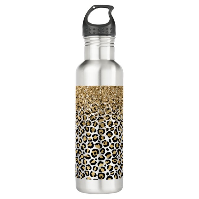 Botella De Agua Purpurina de impresión de leopardo negro Gold Glam (Anverso)
