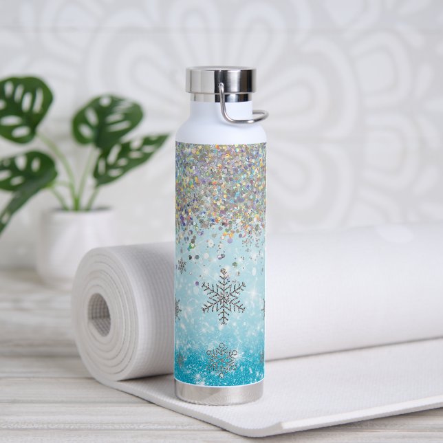 Botella De Agua Purpurina de invierno azul Snowflake (Yoga)