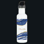 Botella De Agua Purpurina de oro de Blue Marble Agate<br><div class="desc">La acuarela azul índigo agita el diseño de mármol con detalles purpurinas en oro falso. Cambie el nombre a personalizar.</div>