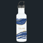 Botella De Agua Purpurina de oro de Blue Marble Agate<br><div class="desc">La acuarela azul índigo agita el diseño de mármol con detalles purpurinas en oro falso. Cambie el nombre a personalizar.</div>
