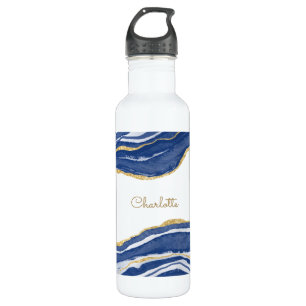 Botella De Agua Purpurina de oro de Blue Marble Agate