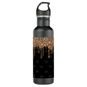 Botella De Agua Purpurina de oro negro gotea moda espumosa monogra