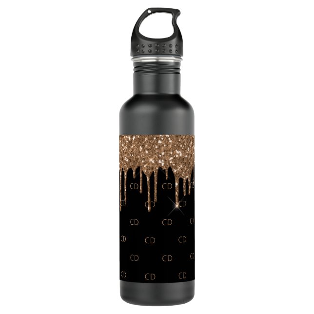 Botella De Agua Purpurina de oro negro gotea moda espumosa monogra (Anverso)