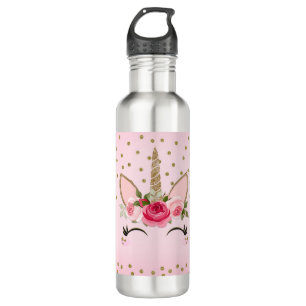 Botella De Agua Purpurina del oro y unicornio floral rosado de