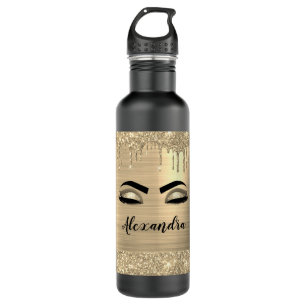 Botella De Agua Purpurina Gold Sparkle Eyelashes Monograma Nombre