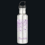 Botella De Agua Purpurina morado descarta escritura blanca monogra<br><div class="desc">Un fondo blanco moda. Decorada con gotas purpurinas de imitación violeta. Personalice y agregue un nombre. El nombre está escrito con una escritura de estilo con letras a mano moderna. Letras de color púrpura.</div>