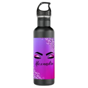 Botella De Agua Purpurina morado rosa monogramo Eyelashes modernos