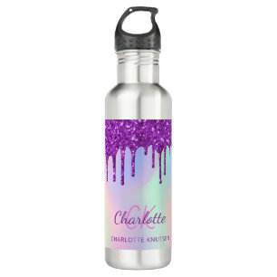 Botella De Agua Purpurina morado rosado gotea monograma holográfic