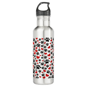 Botella De Agua Purpurina Pintas De Pata De Perro Y Corazón Rojo