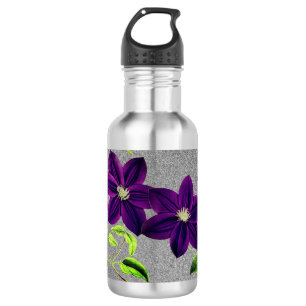 Botella De Agua Purpurina plateado con clematis púrpura acuarela