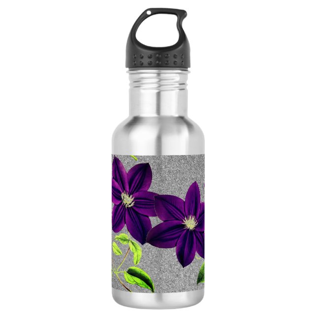 Botella De Agua Purpurina plateado con clematis púrpura acuarela (Anverso)