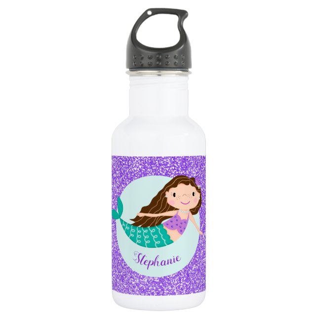 Botella De Agua Purpurina púrpura de sirena suave personalizado (Anverso)