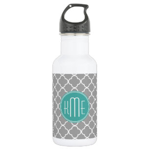 Botella De Agua Quatrefoil gris con el monograma de encargo de la