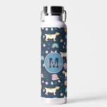 Botella De Agua Quirky Perro Cute Patrón Arcoiris Azul Personaliza<br><div class="desc">Diseño azul marino con un perro peculiar y un patrón de repetición de arco iris.</div>