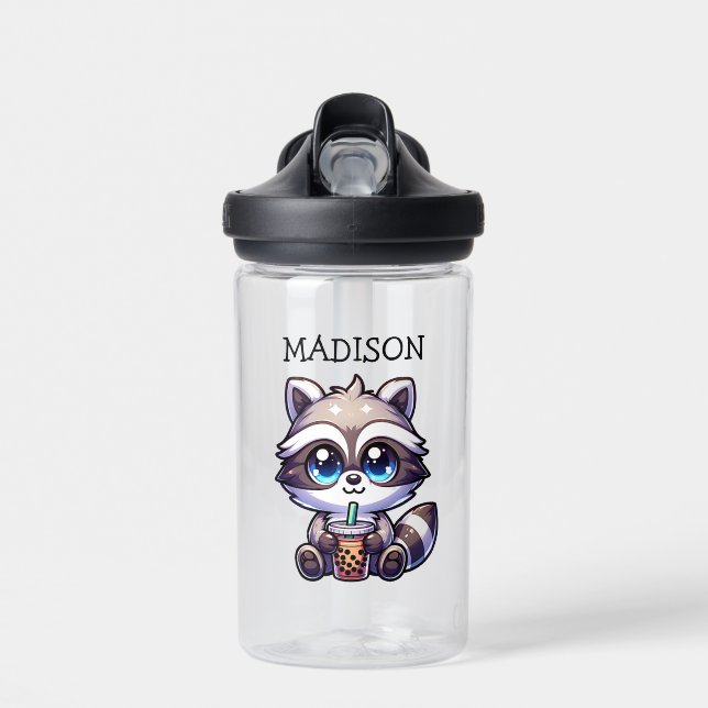 Botella De Agua Raccón kawaii con té de burbuja personalizado (Delante)