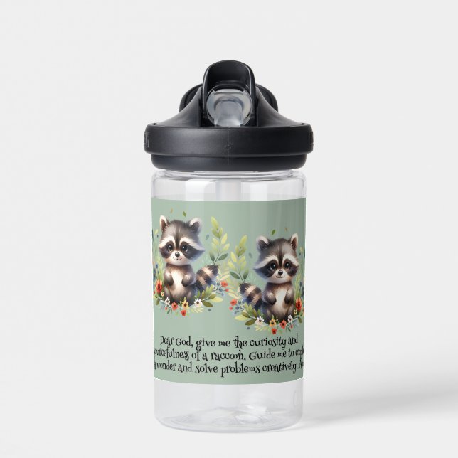 Botella De Agua Raccoon Woodland Niños Oración Cristiana en Azul | (Delante)